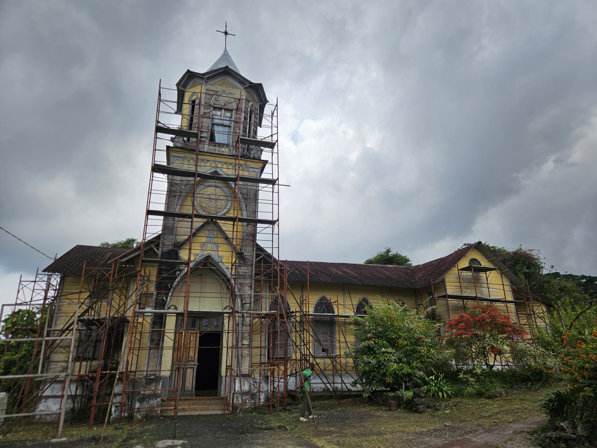 Church exterior under scaffolding in Equatorial Guinea