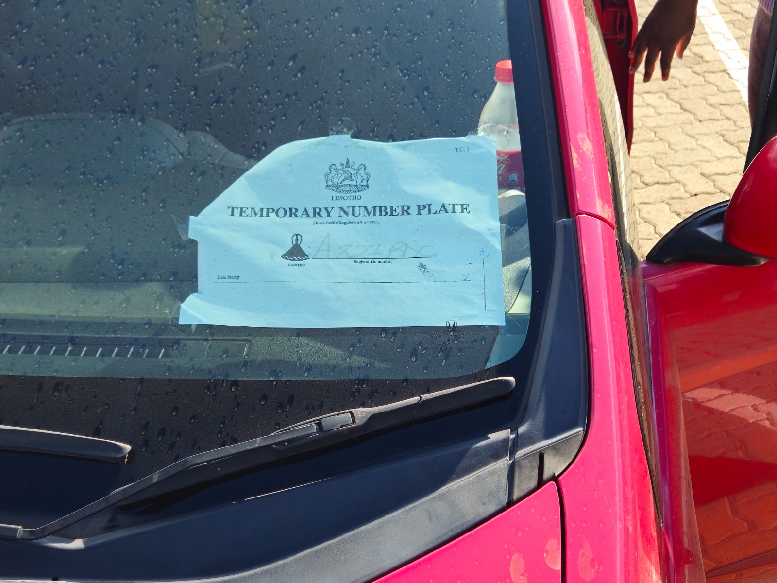 Temporary number plate on a car in Lesotho