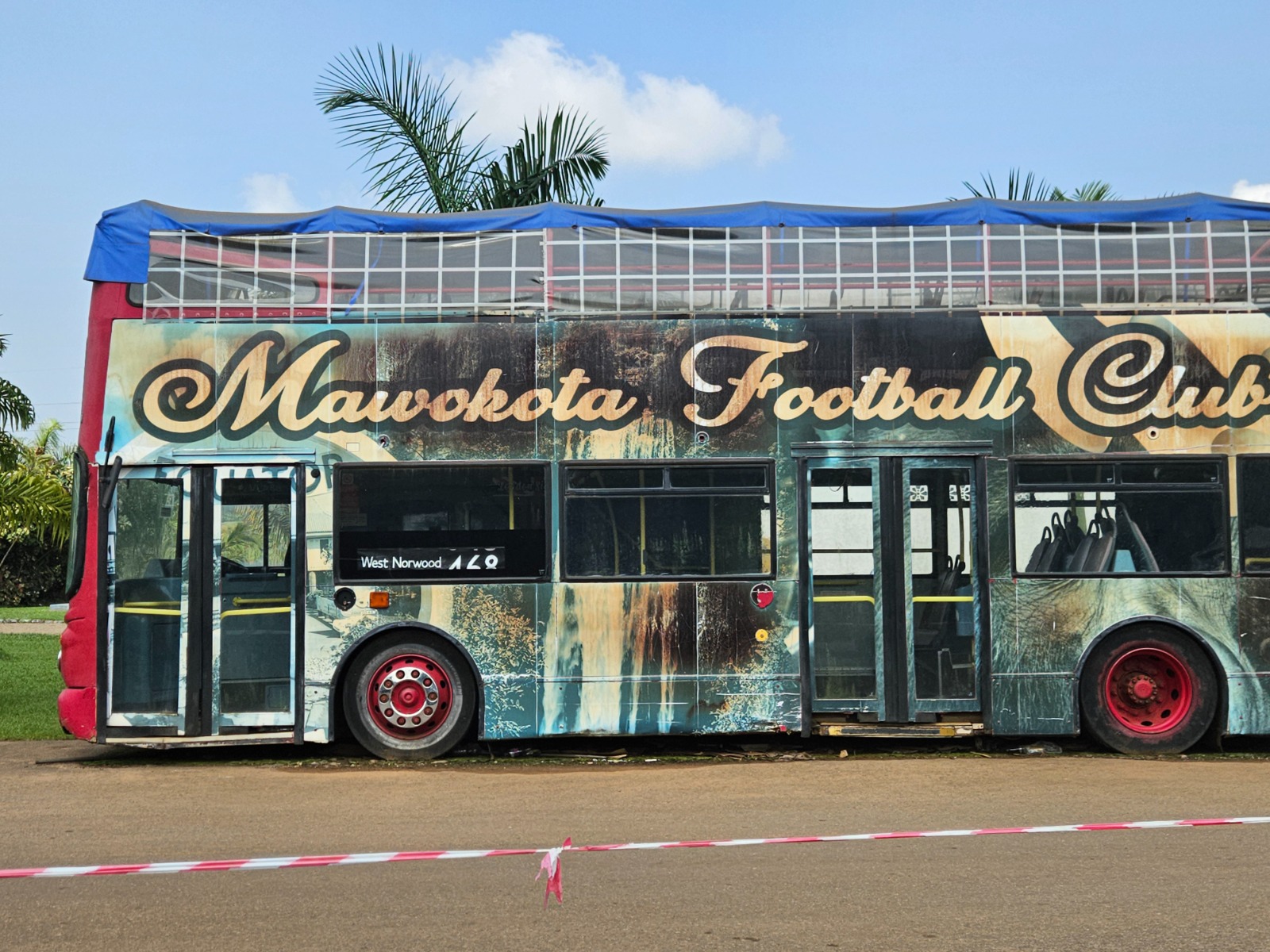 Double-decker bus cafe at the Equator in Kayabwe, Uganda