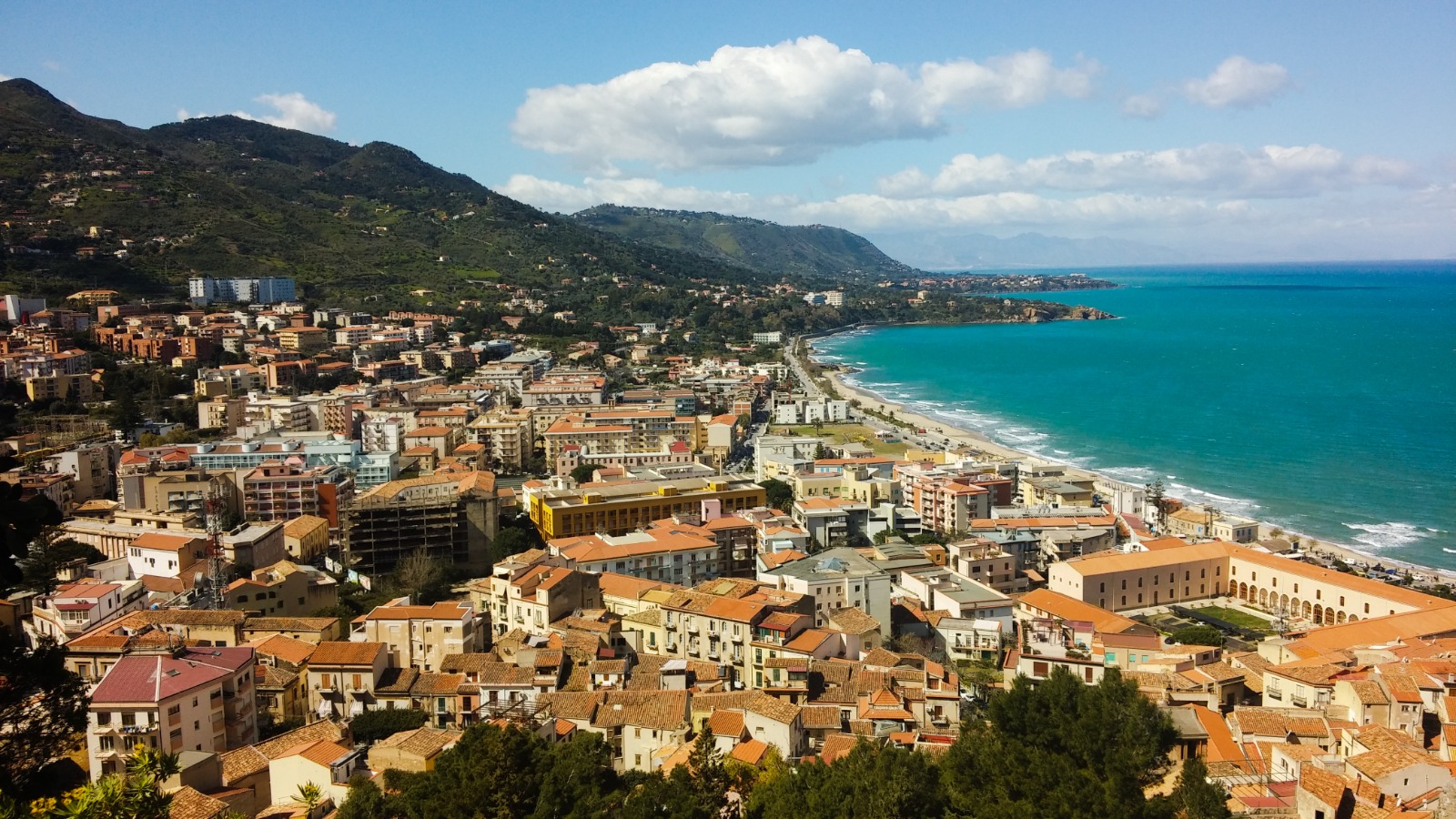 Aerial view of Cefalù and its coastline in Sicily