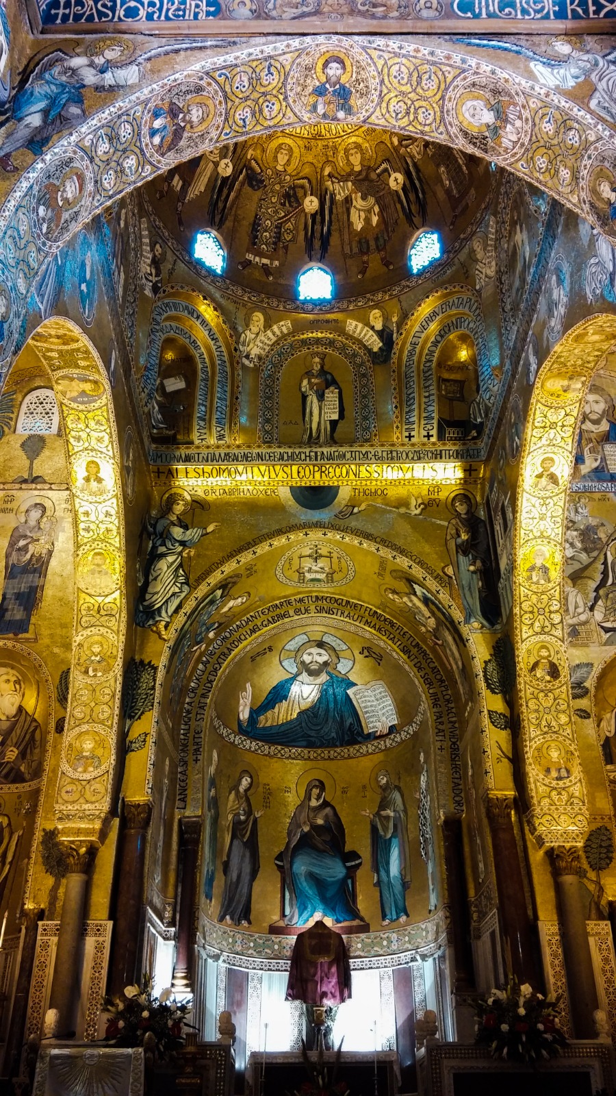 Golden mosaics inside the Cappella Palatina in Palermo, Sicily