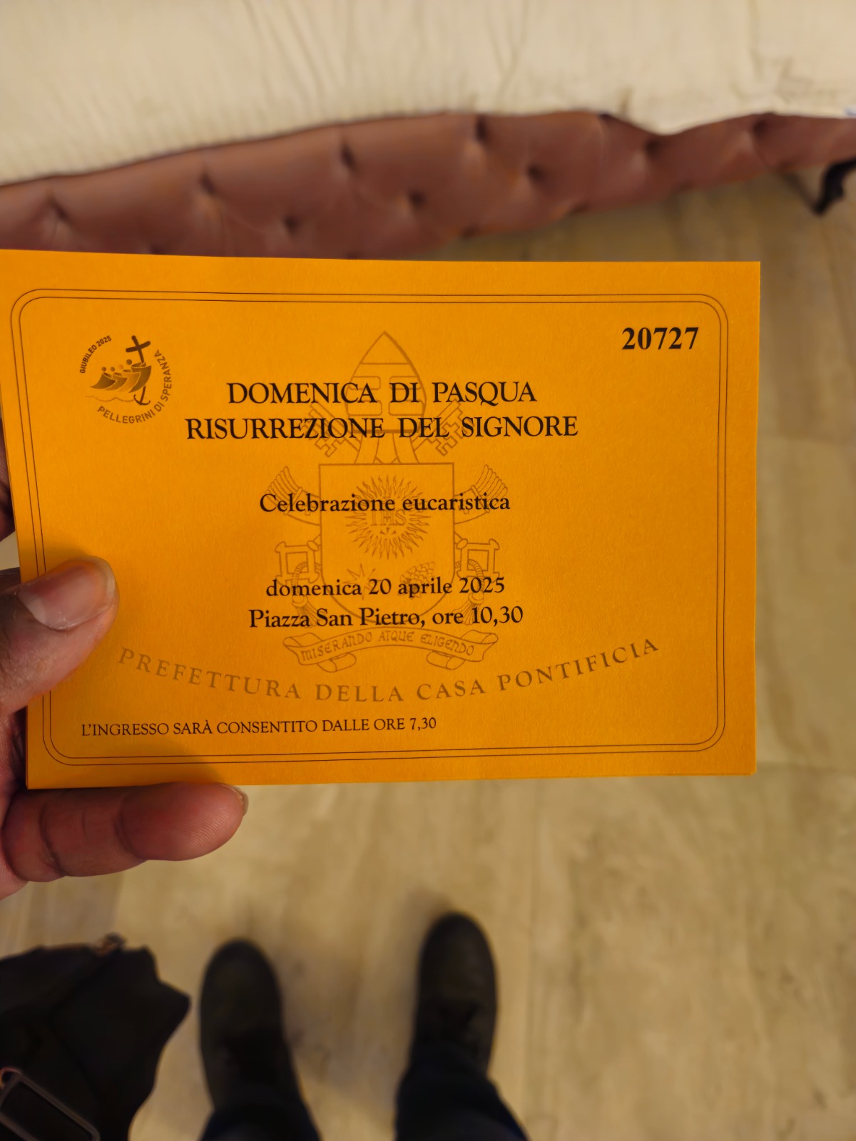 Official entry ticket for the Easter Sunday Eucharistic Celebration at St Peter's Square