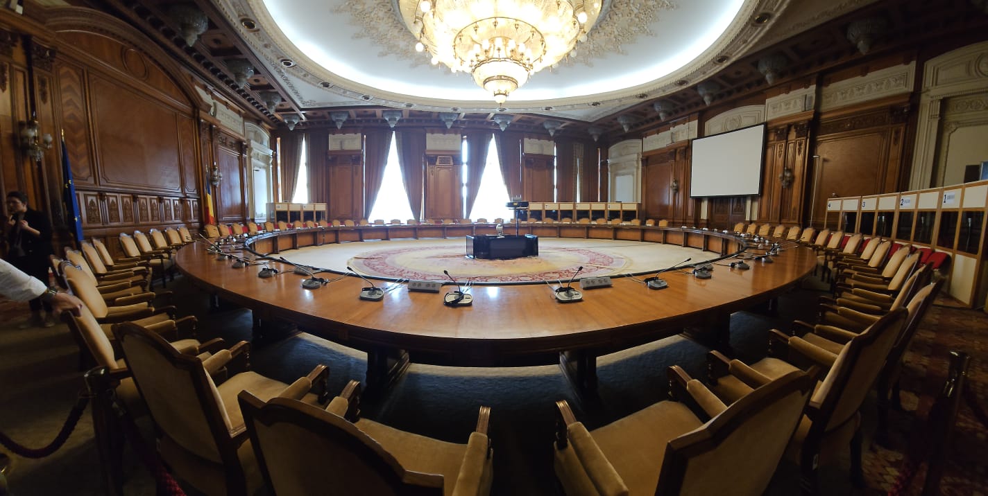 Conference room inside the Palace of Parliament in Bucharest, Romania