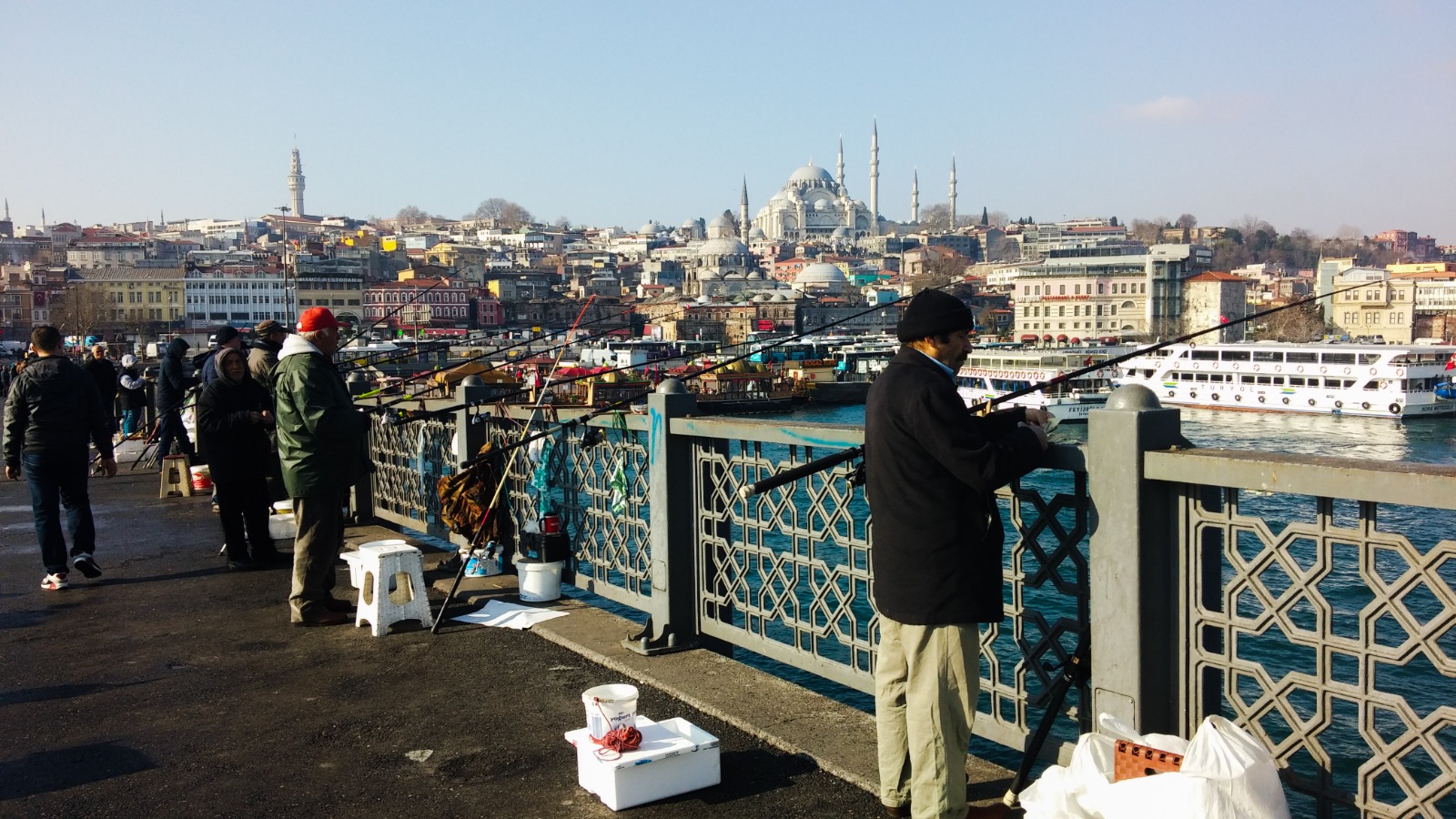 Fishermen on Galata Bridge in Istanbul, Turkey