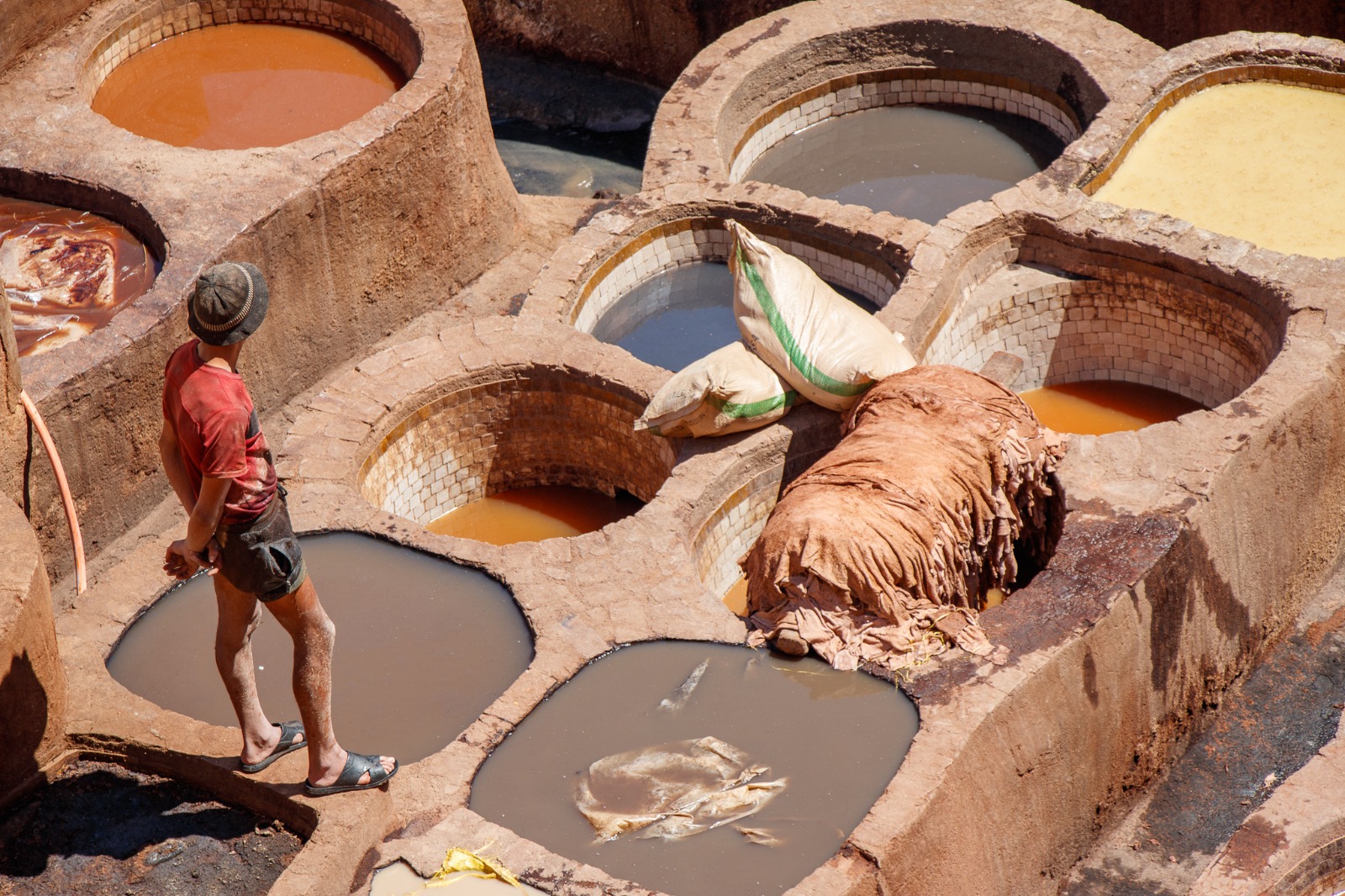 Colourful dye vats at Chouara Tannery in Fes, Morocco